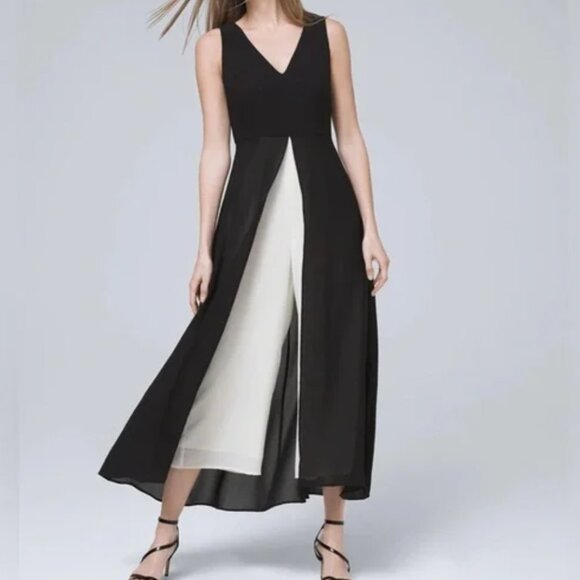 White House Black Market V Neck Jumpsuit Black and White Cocktail Attire Overlay - Picture 2 of 5